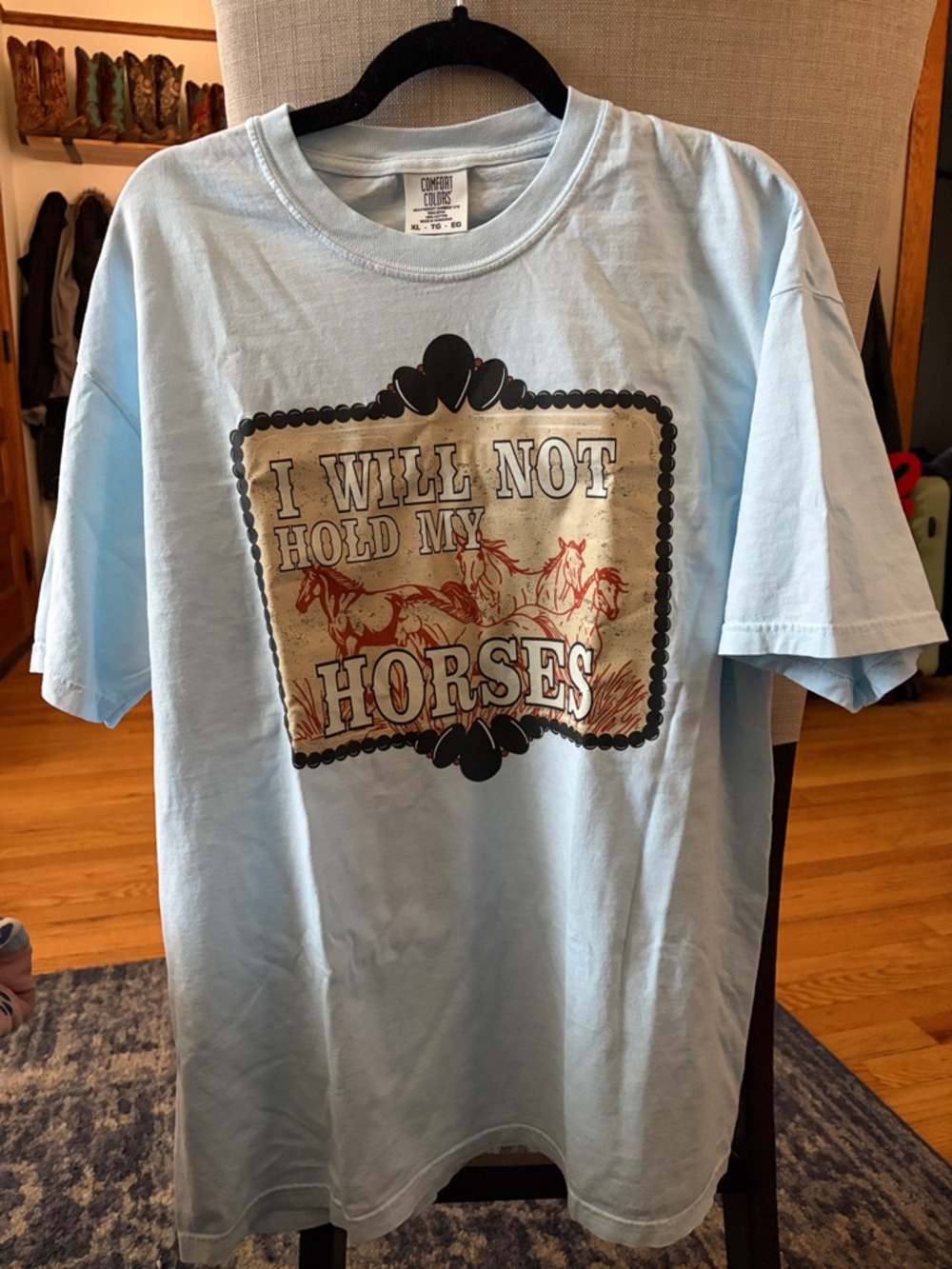 Comfort Colors Light Blue Graphic Tee "I Will Not Hold My Horses" Never Worn!